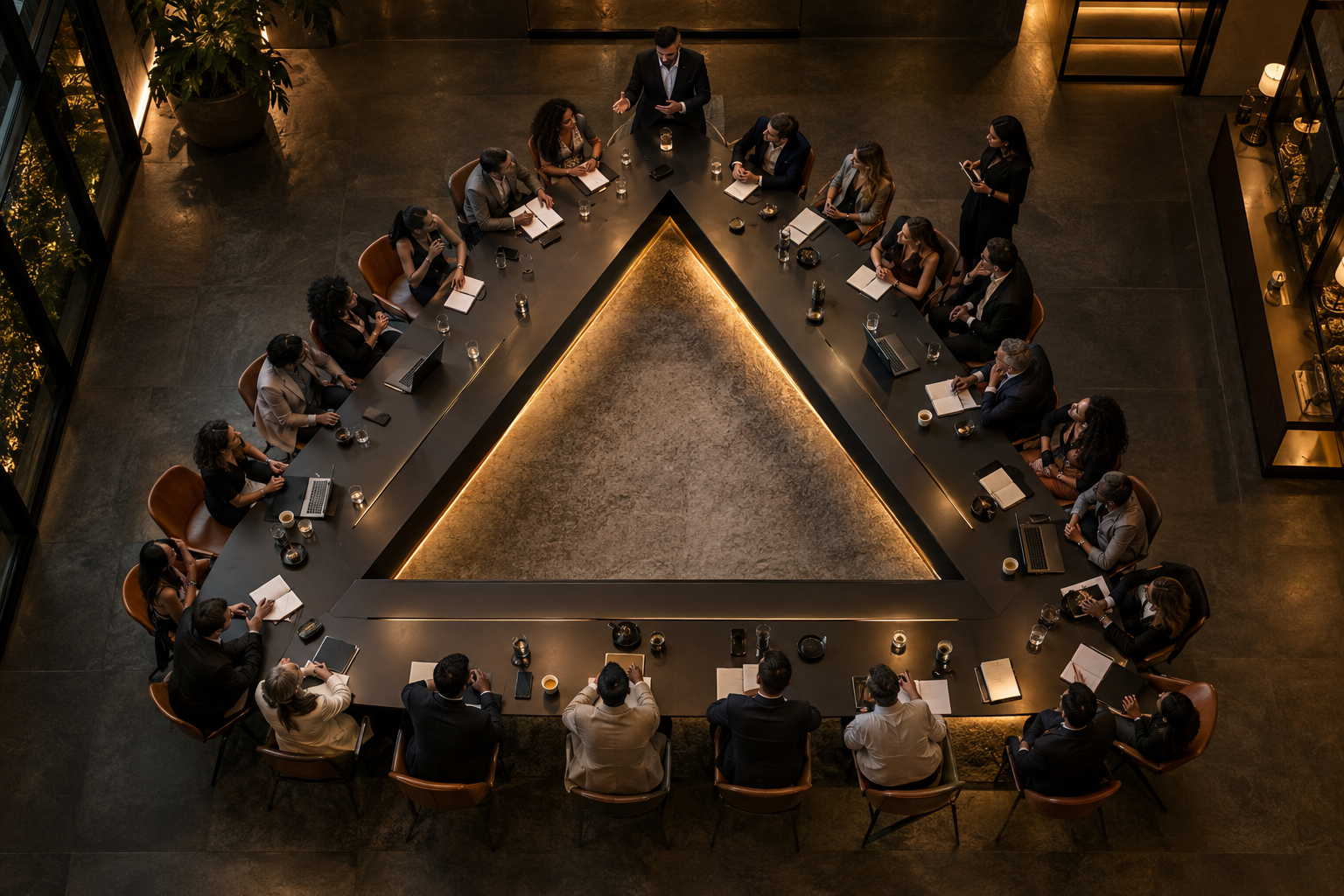 Encontro empresarial em mesas organizadas no formato triangular da EPIMONÍ